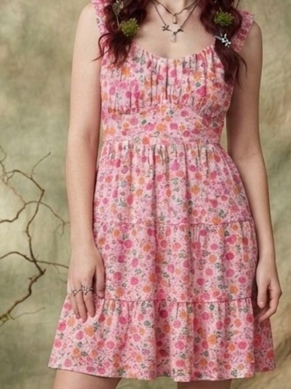 y2k women milkmaid mini dress large pink fairycore ditsy floral‎ cottagecore